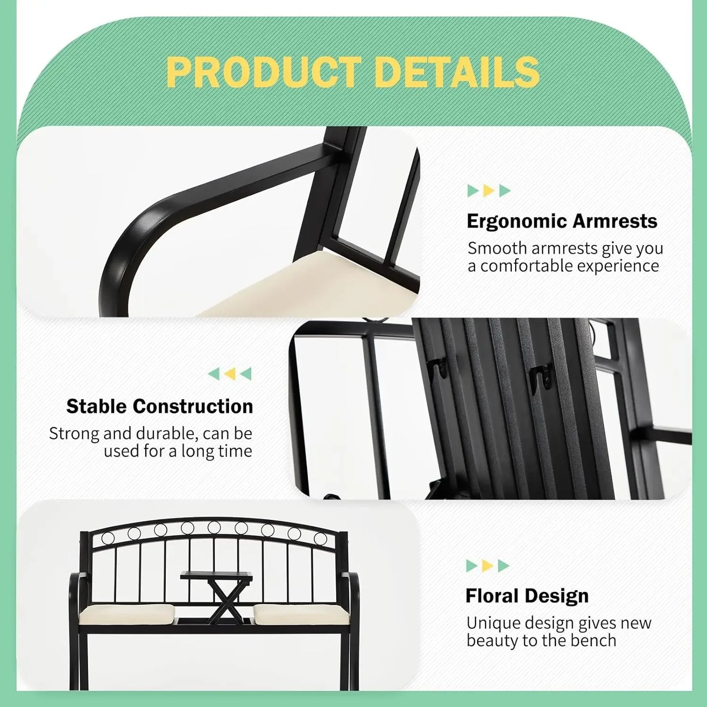 Outdoor Metal Garden Bench, 2-Seat  with Steel Frame, w/Pullout Middle Table＆ Cushion