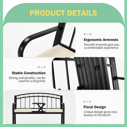 Outdoor Metal Garden Bench, 2-Seat  with Steel Frame, w/Pullout Middle Table＆ Cushion