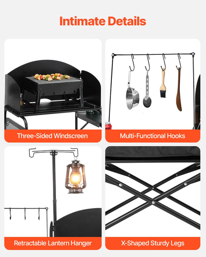 Kitchen Table Folding  Aluminum Portable Cook Station with Cupboard, Carrying Bag Windscreen