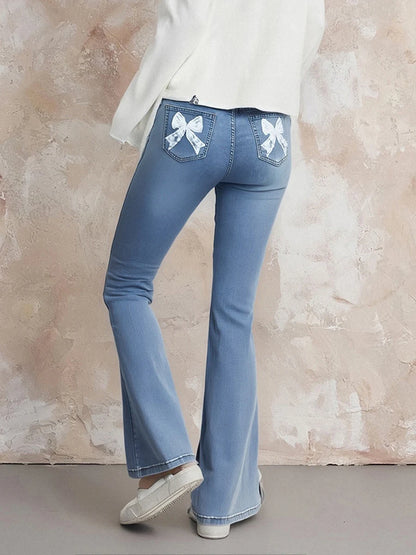 Women s High Waist Flare Jeans with Embroidered Floral Detailing Vintage Bell Bottom Denim Pants Stylish Long Trousers