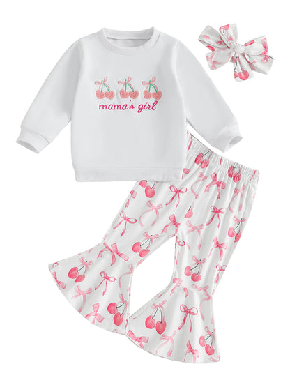 Toddler Girls Adorable Clothing Set with Cherry Embroidery Sweatshirt Bow Print Flared Pants and Matching Headband - 3 Piece