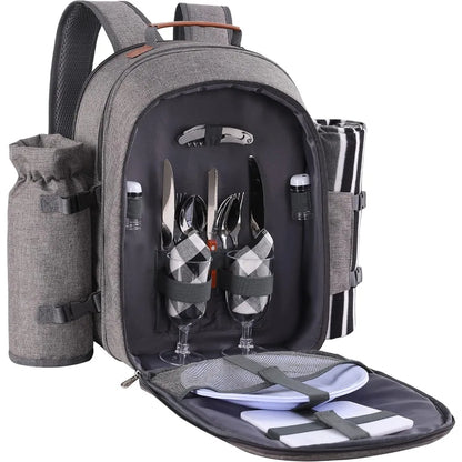 Picnic Backpack Set for 2 Person with Cooler Compartment, Detachable Bottle/Wine Holder, Fleece Blanket, Plates