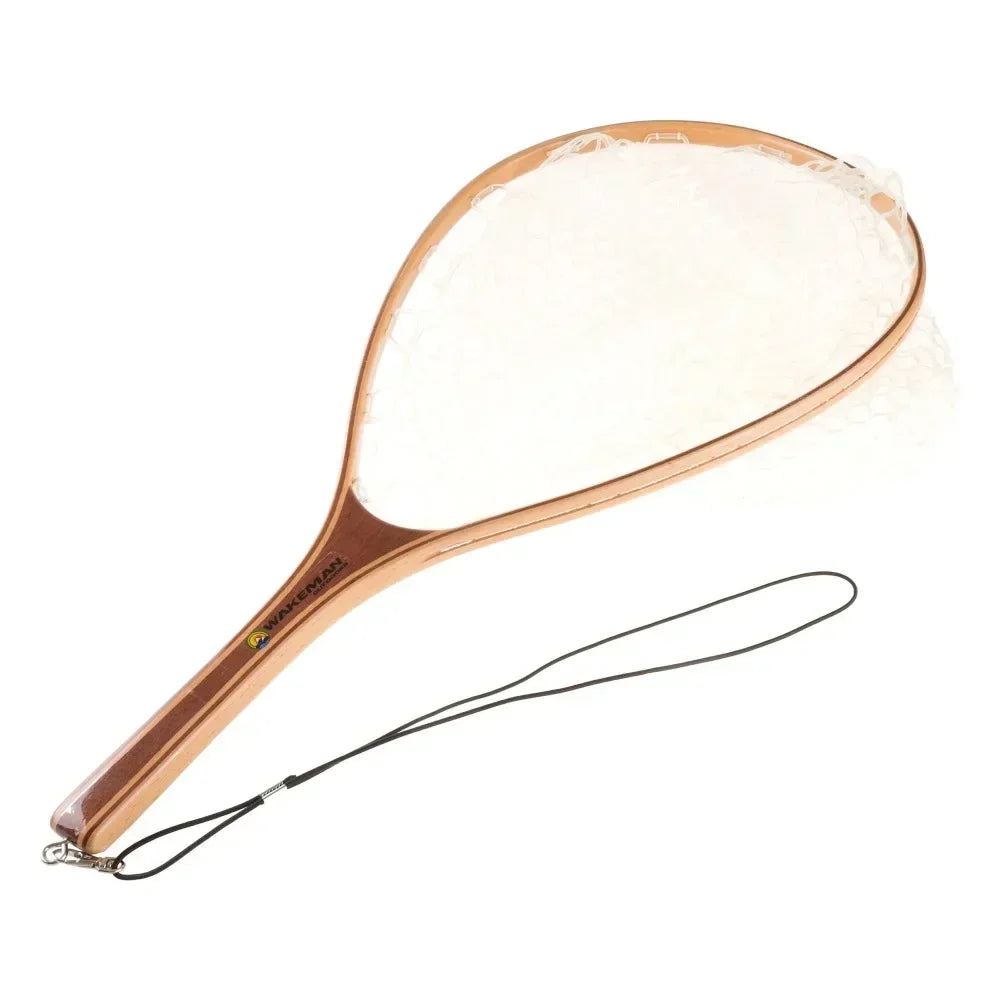 Landing fish net - fly fishing equipment transparent rubber net and wooden handle fishing tool for catch and release