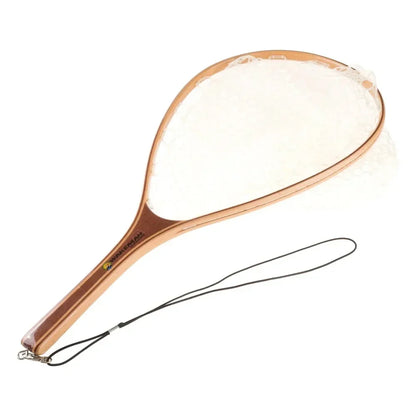 Landing fish net - fly fishing equipment transparent rubber net and wooden handle fishing tool for catch and release