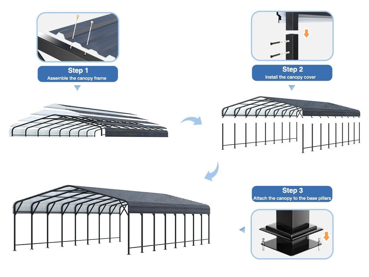 20x20/20x30/20x40FT Metal Carport with Enhanced Base Outdoor Heavy Duty Galvanized Car Shelter