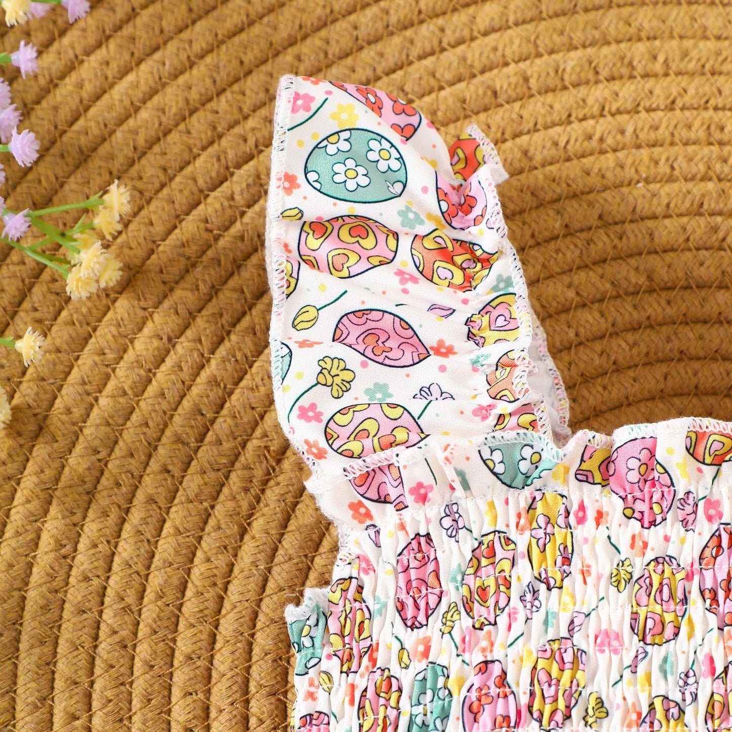 Infant Girls Romper Floral Ruffle Sleeve Pleated Smocked Bubble 1Piece