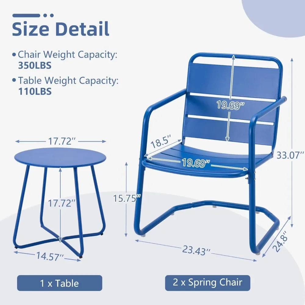 Budget-friendly 3 piece patio set, small patio furniture set - 2 c-spring metal chairs with round side table, outdoor bistro set
