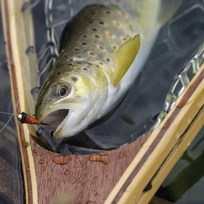 Landing fish net - fly fishing equipment transparent rubber net and wooden handle fishing tool for catch and release