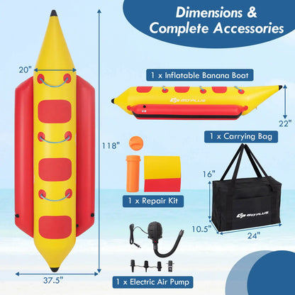 3-Person Inflatable Banana Boat w/ Boating and Water Sports Electric Air Pump