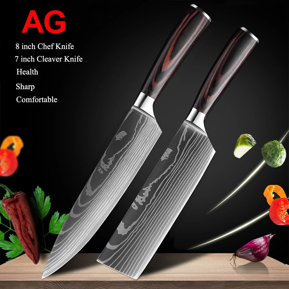 Kitchen Knives Set Laser Damascus Pattern Chef Knife Sharp Cleaver Slicing Utility Knives Tools
