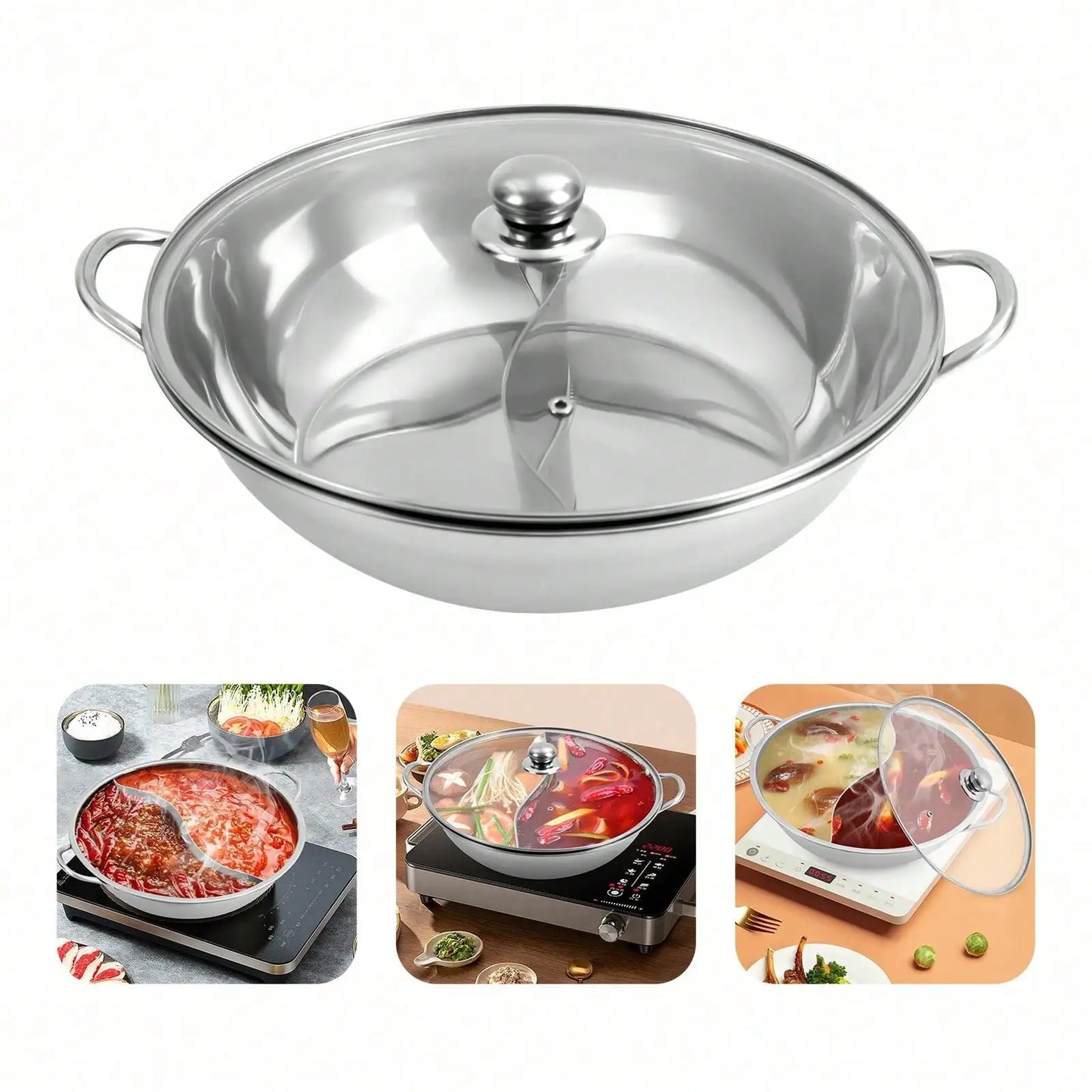 Dual Sided Hot Pot Set W/Divider & Glass Lid Cookware 34cm/13in
