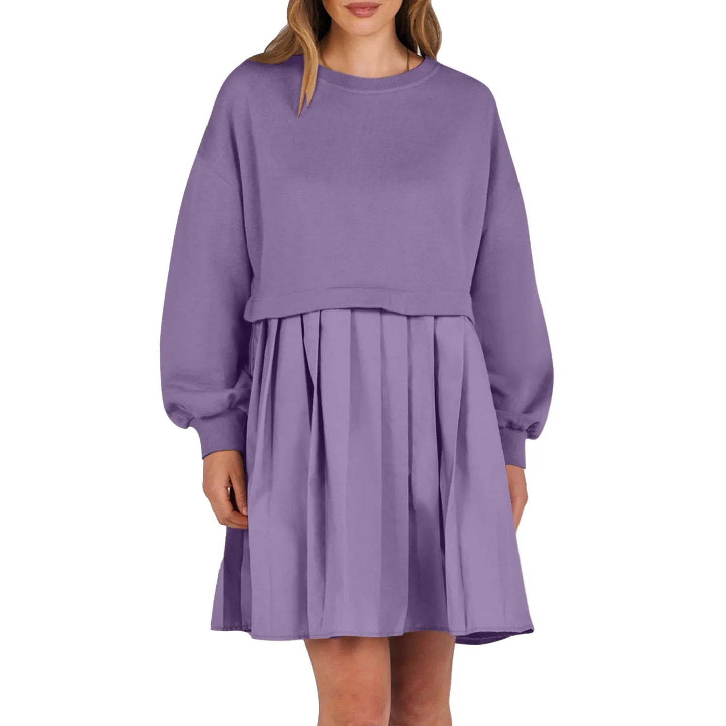 Women Sweatshirt Dress Long Sleeve Crewneck Pullover Loose Fit Tops Pleated Sweatshirts Dresses