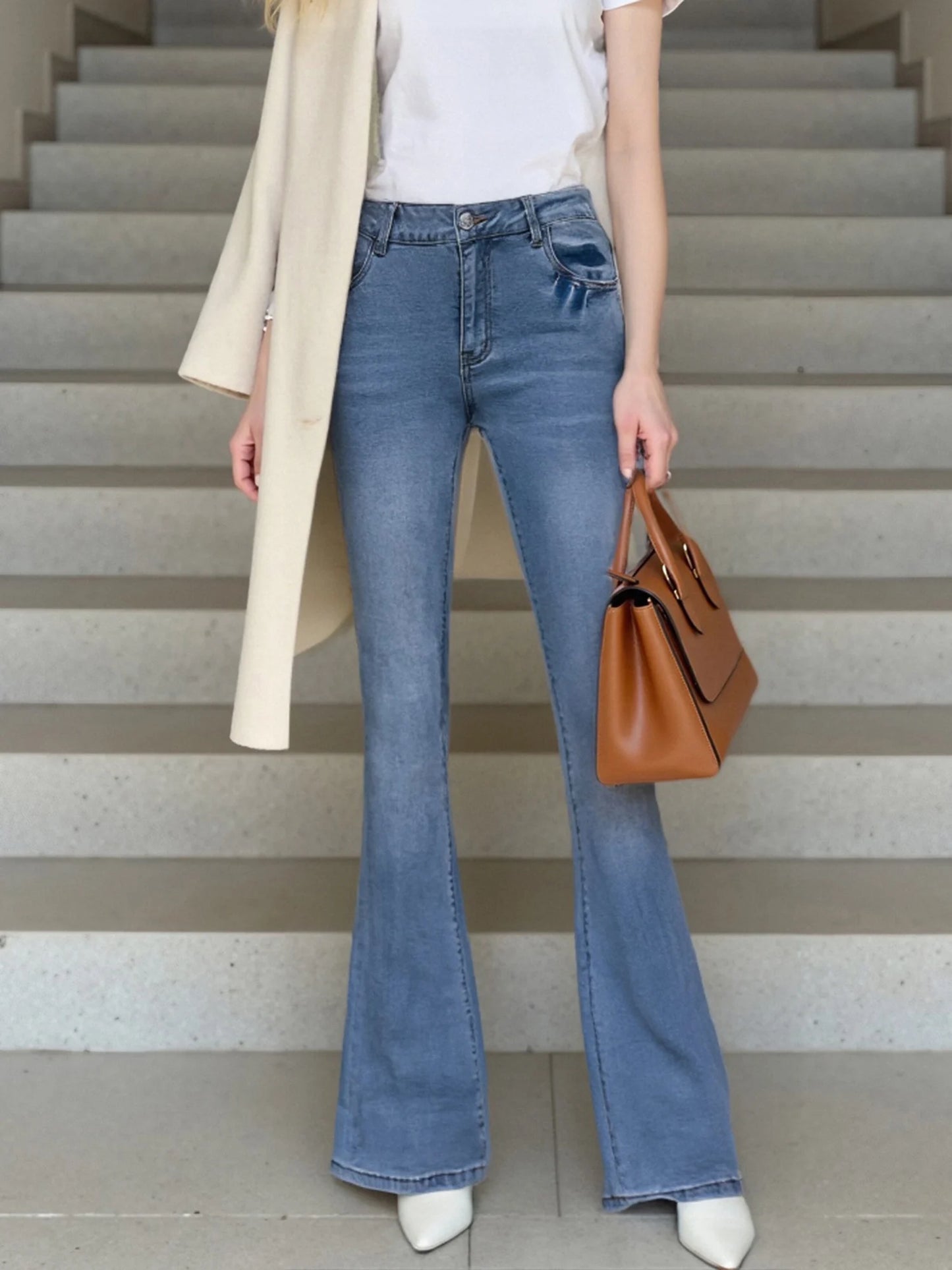 Women s High Waist Flare Jeans with Embroidered Floral Detailing Vintage Bell Bottom Denim Pants Stylish Long Trousers