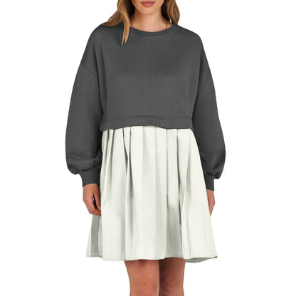 Women Sweatshirt Dress Long Sleeve Crewneck Pullover Loose Fit Tops Pleated Sweatshirts Dresses