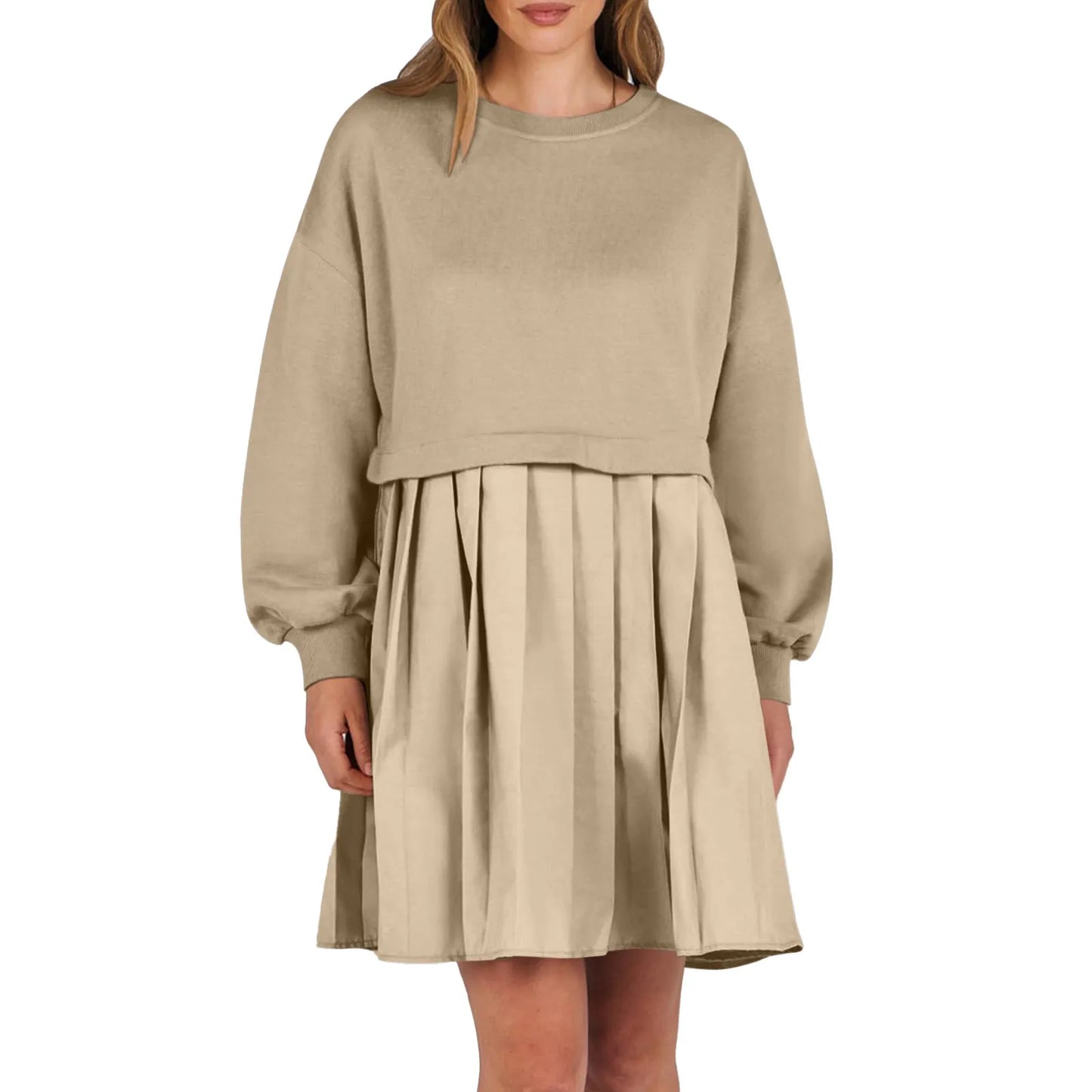 Women Sweatshirt Dress Long Sleeve Crewneck Pullover Loose Fit Tops Pleated Sweatshirts Dresses