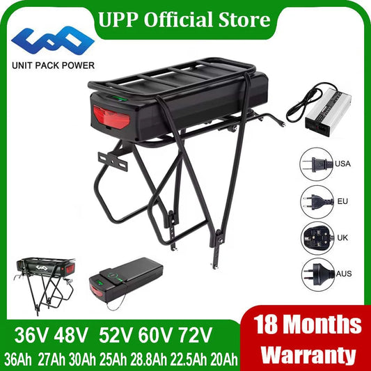 Rear Rack eBike Battery 52V 48V 27Ah 72V 20Ah with Rack no Rack Optional for 1500W 1000W 750W 500W 24"-28 inch