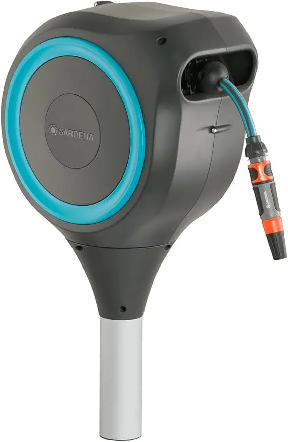 "50-foot 1/2-inch retractable garden hose reel with metal stake for outdoor use and easy swivel for convenient watering"