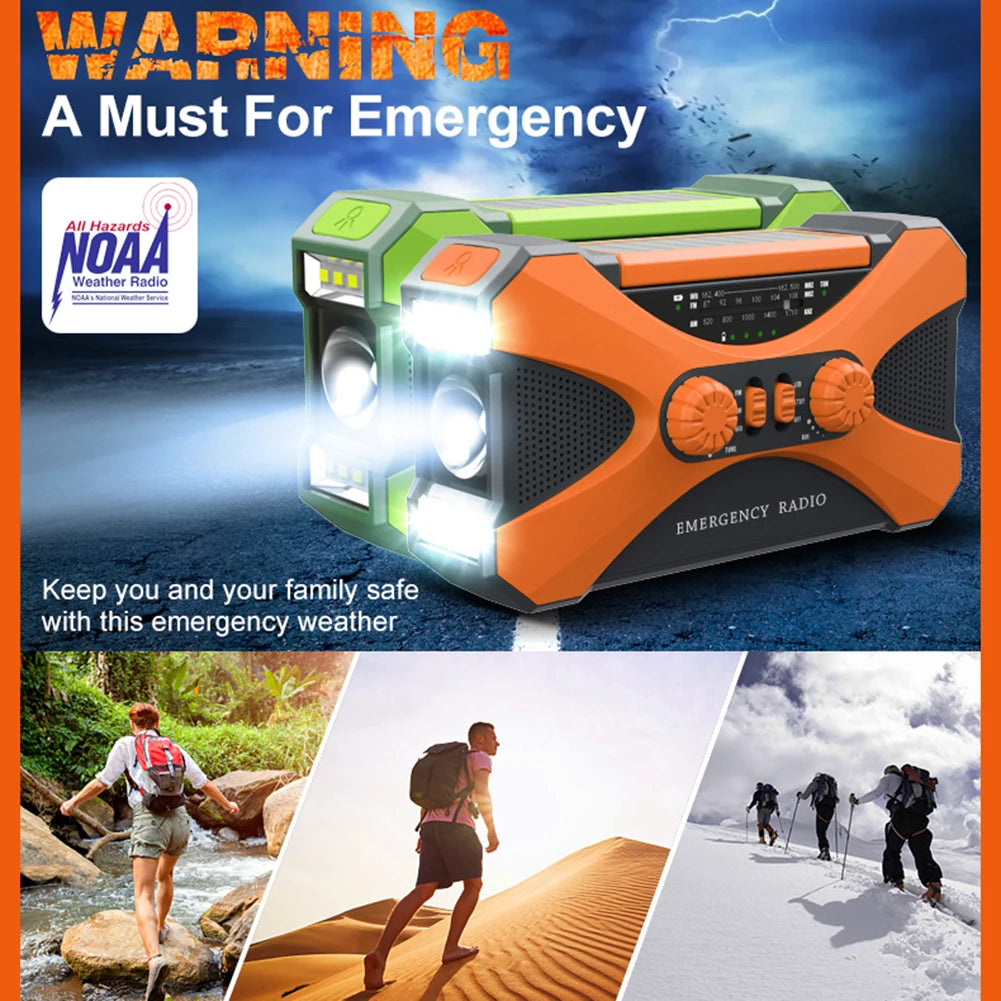 Outdoors AM/FM Radio Dual Speaker 10000mAh Rechargeable Stereo Solar Emergency Hand Crank Weather Radio