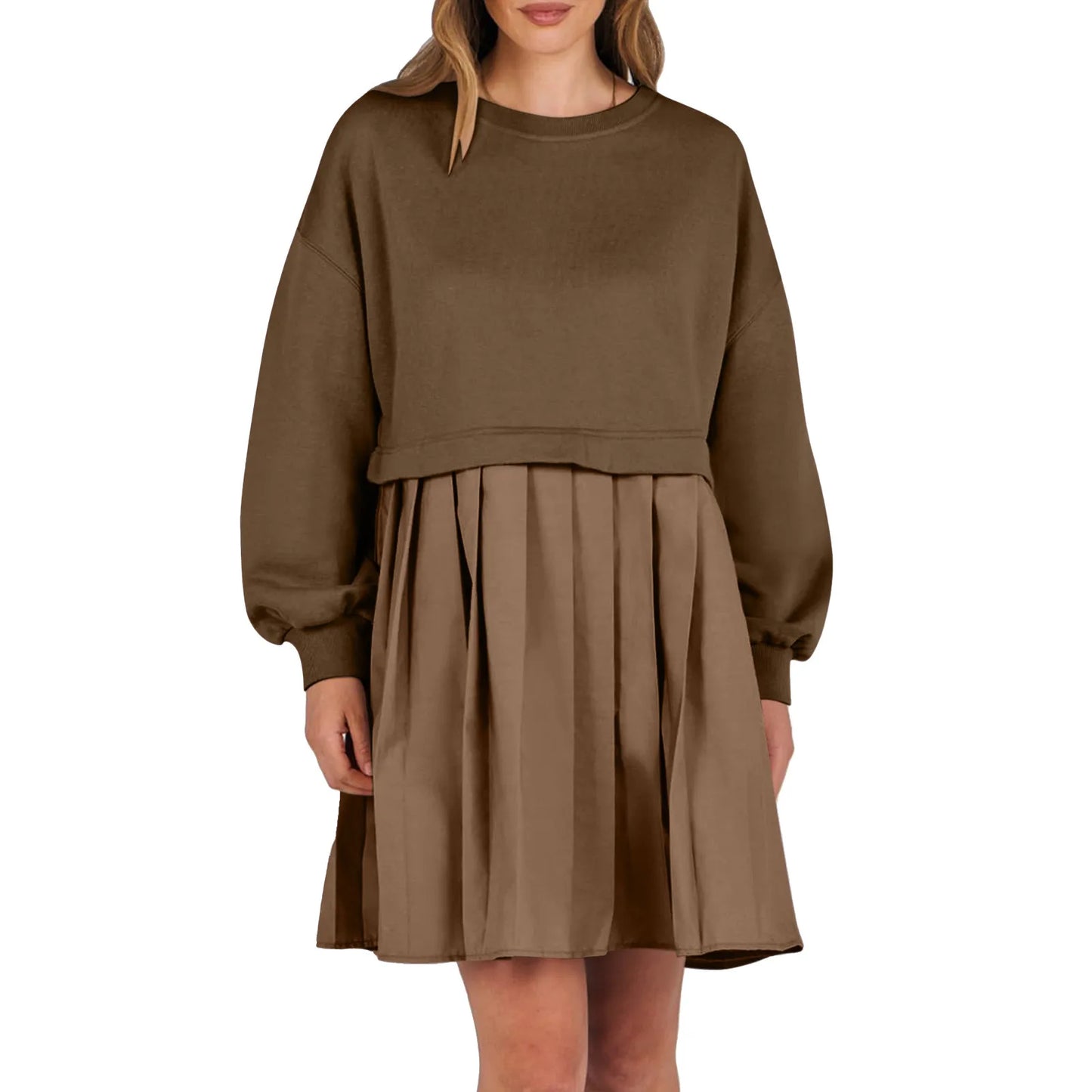 Women Sweatshirt Dress Long Sleeve Crewneck Pullover Loose Fit Tops Pleated Sweatshirts Dresses