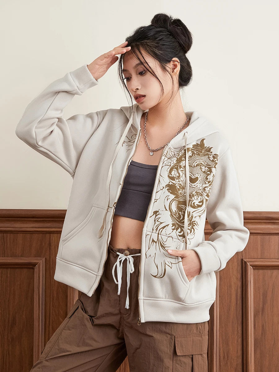 Women Hoodie Vintage Long Sleeve Graphic Print Zipper Closure Sweatshirt with Pockets