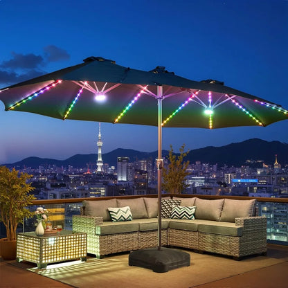 Outdoor Patio Umbrella With Solar Light,15 Ft Sunshade W Base 156 Colorful LED