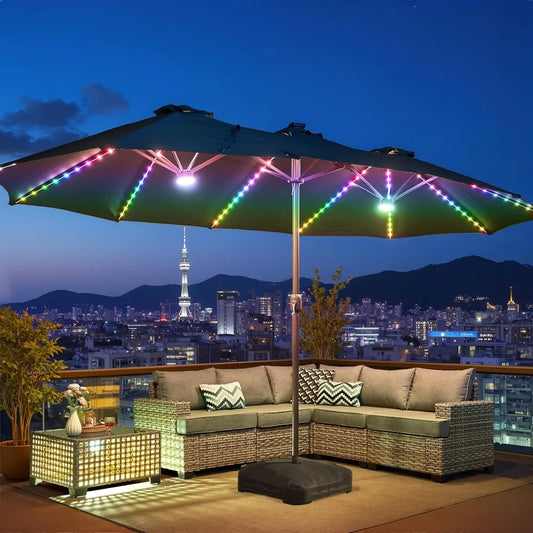 Outdoor Patio Umbrella With Solar Light,15 Ft Sunshade W Base 156 Colorful LED