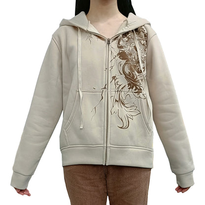 Women Hoodie Vintage Long Sleeve Graphic Print Zipper Closure Sweatshirt with Pockets