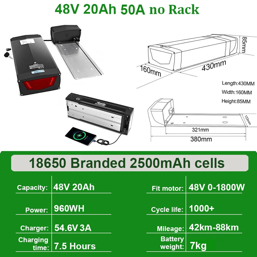 Rear Rack eBike Battery 52V 48V 27Ah 72V 20Ah with Rack no Rack Optional for 1500W 1000W 750W 500W 24"-28 inch