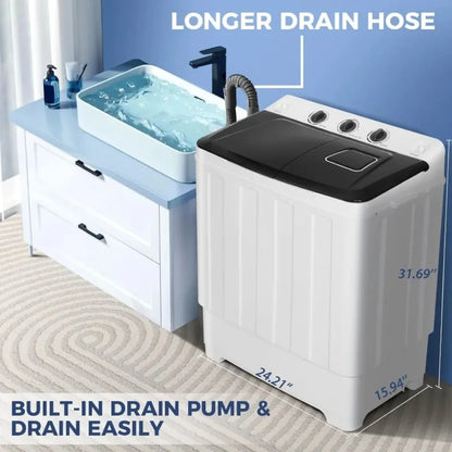 30Lbs Capacity Portable Washing Machine Twin Tub Compact with Built-in Drain Pump, and Spin Dry.