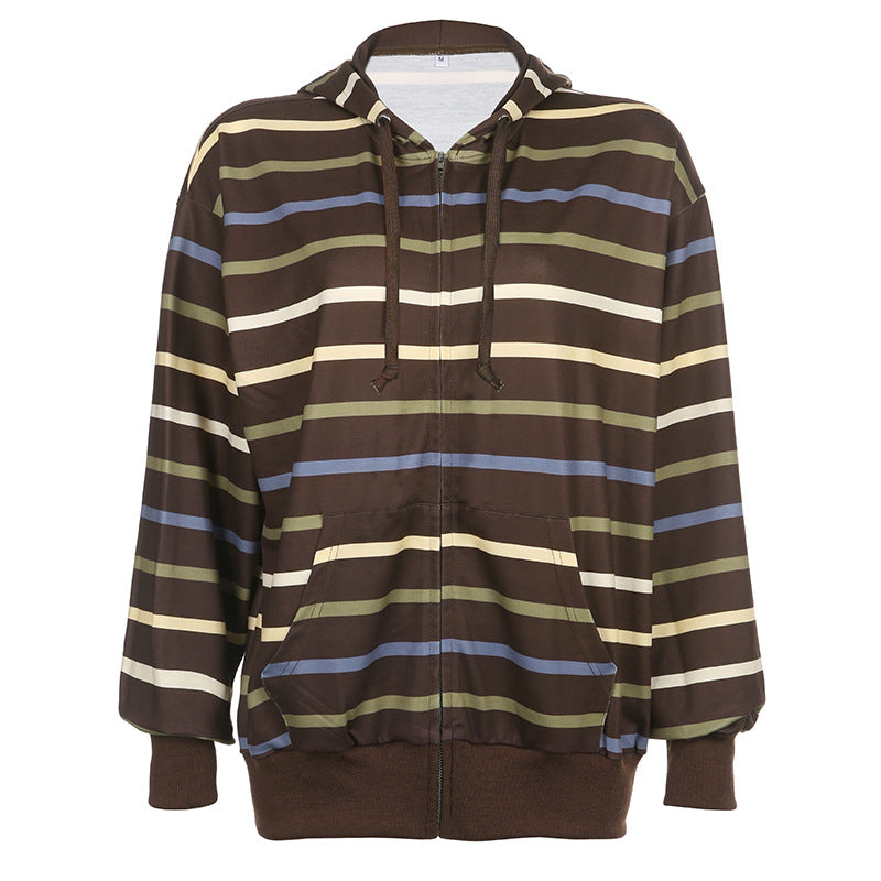 Women Zip Up Drawstring Hoodie Casual Striped Long Sleeve Sweatshirt Jacket