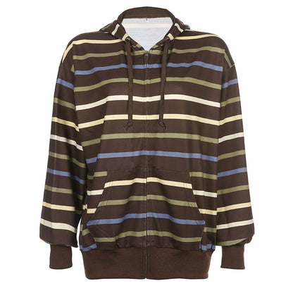 Women Zip Up Drawstring Hoodie Casual Striped Long Sleeve Sweatshirt Jacket