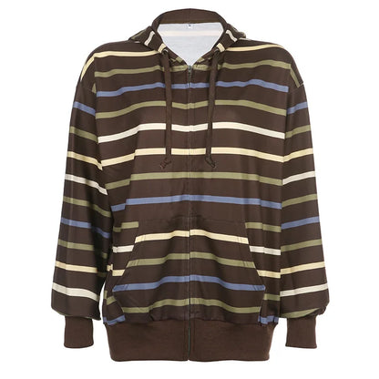 Women Zip Up Drawstring Hoodie Casual Striped Long Sleeve Sweatshirt Jacket