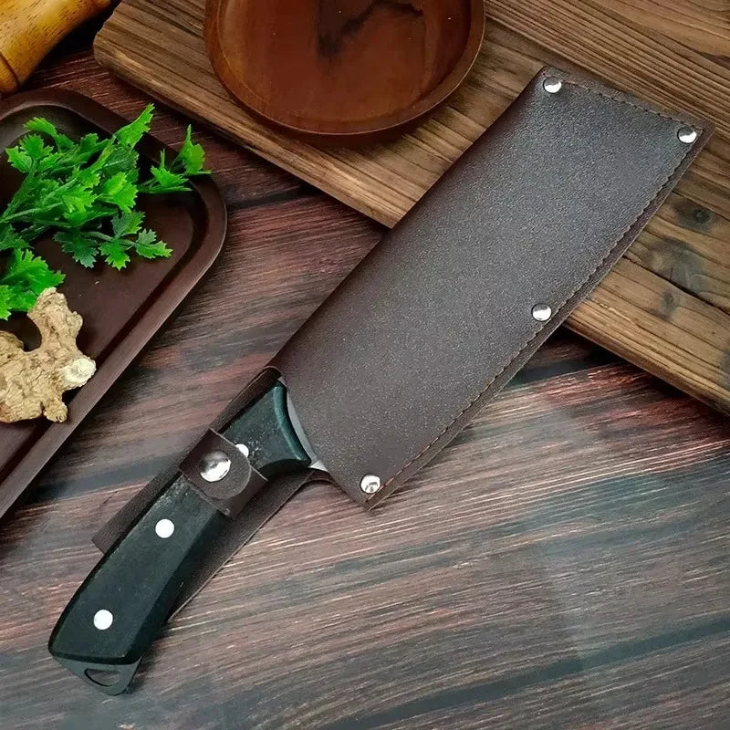 Hand forged stainless steel bone chopping knife with scabbard,
