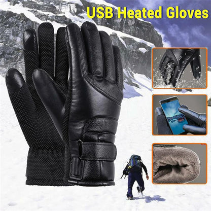 Leather Electric Heating Gloves Waterproof  Touchscreen Hand Warmer for Hiking Skiing Fishing