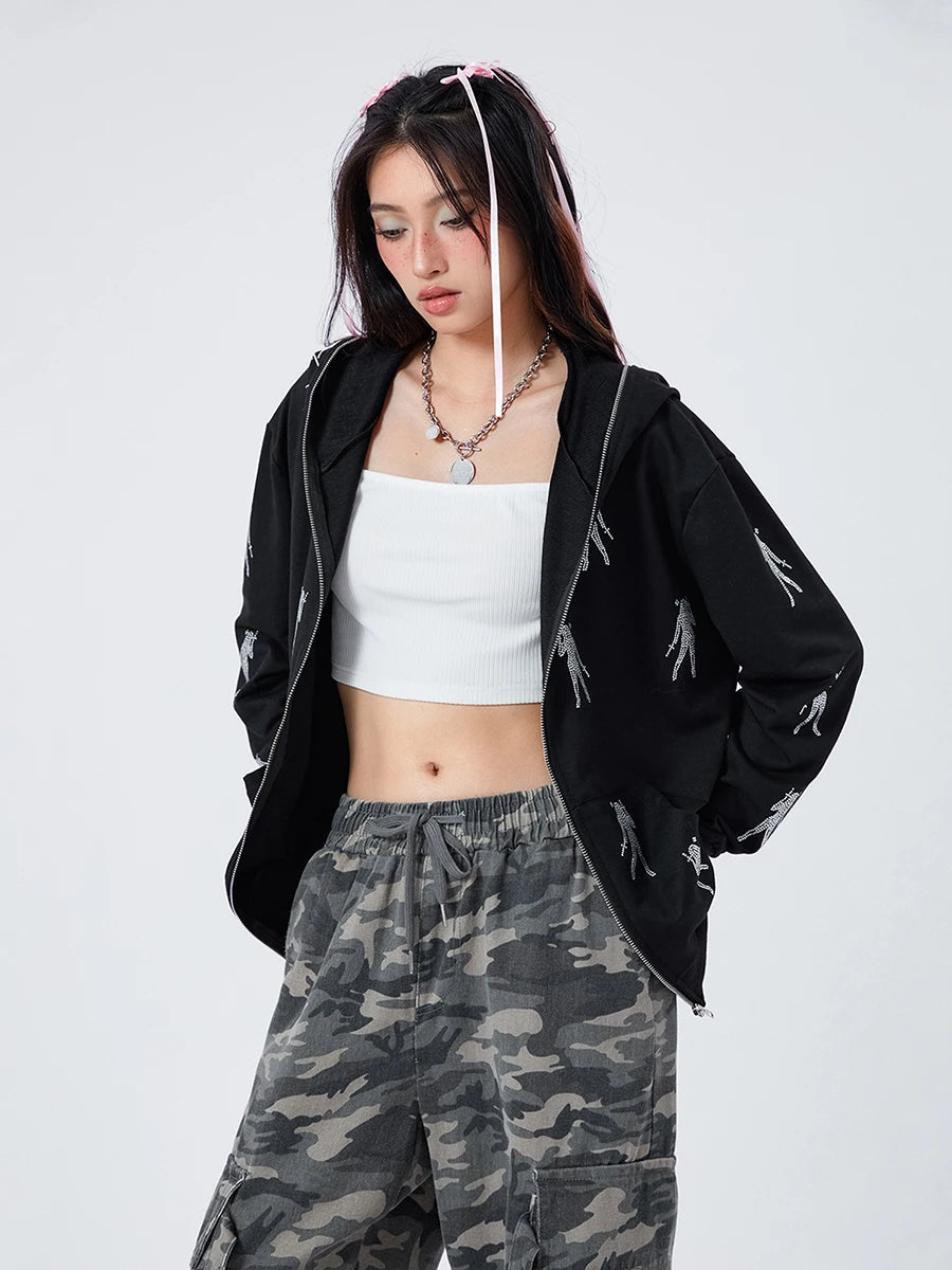 Women s Hoodie Coat Rhinestone Print Long Sleeve Zipper Sweatshirt