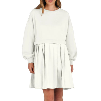 Women Sweatshirt Dress Long Sleeve Crewneck Pullover Loose Fit Tops Pleated Sweatshirts Dresses