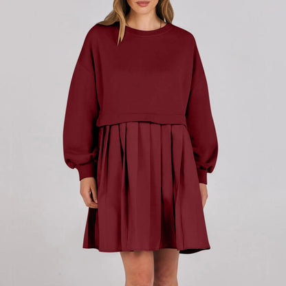 Women Sweatshirt Dress Long Sleeve Crewneck Pullover Loose Fit Tops Pleated Sweatshirts Dresses