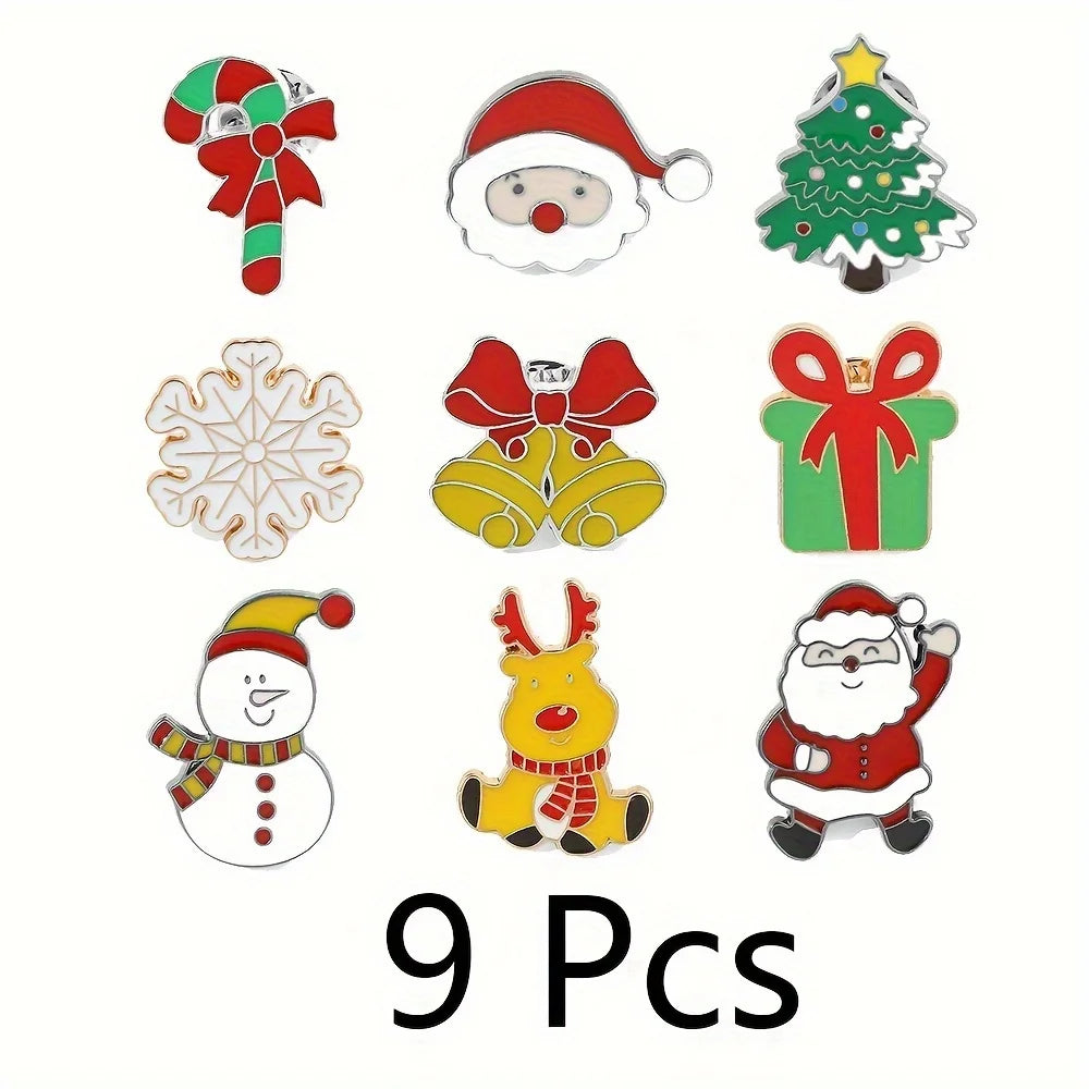 9pcs Christmas Reindeer Brooch, Cute Snowman Santa Claus Enamel Pin, Metal Badge Backpack Clothing Accessories Christmas Gifts