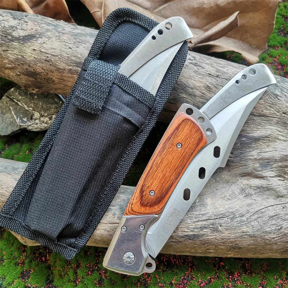 Compact 8CR15MOV Folding Knife with Wood Handle: Outdoor Survival Knife for Hunting, Camping & Everyday Carry (EDC)