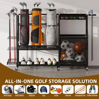 3 Golf Bag Stand Holder Organizer for Garage with Wheels Sport Accessories Rack