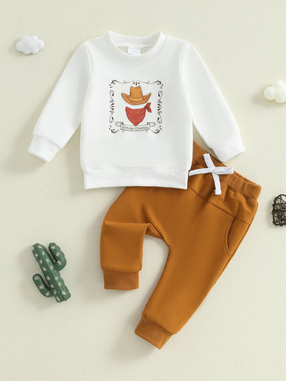 Toddler Cowboy Style Outfit Set with Printed Hat Long Sleeve Sweatshirt and Elastic Pants for Baby Boys - 2 Piece Western