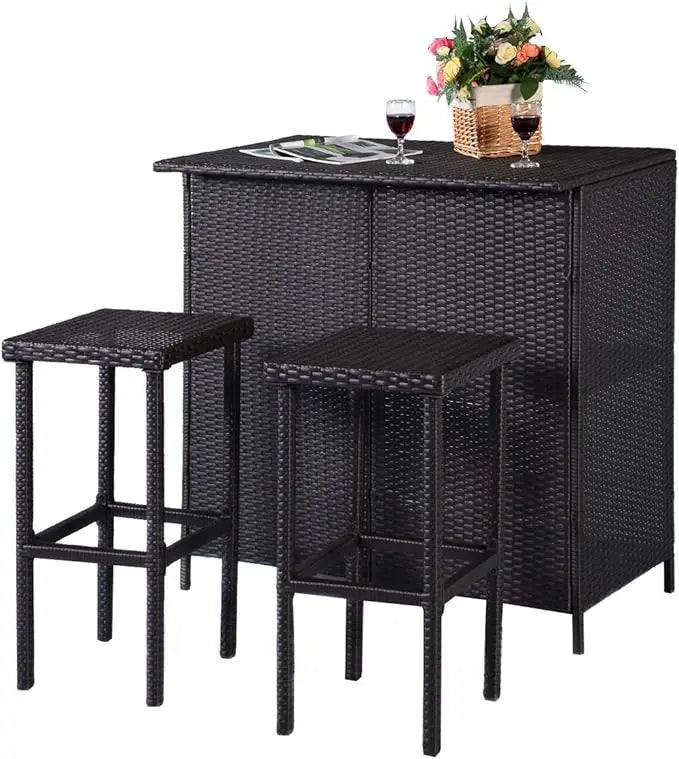 Outdoor Rattan 3-Piece Bar Set with Wicker Stools and Table Including 2 Storage Shelves.