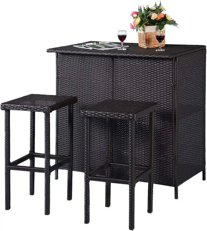 Outdoor Rattan 3-Piece Bar Set with Wicker Stools and Table Including 2 Storage Shelves.