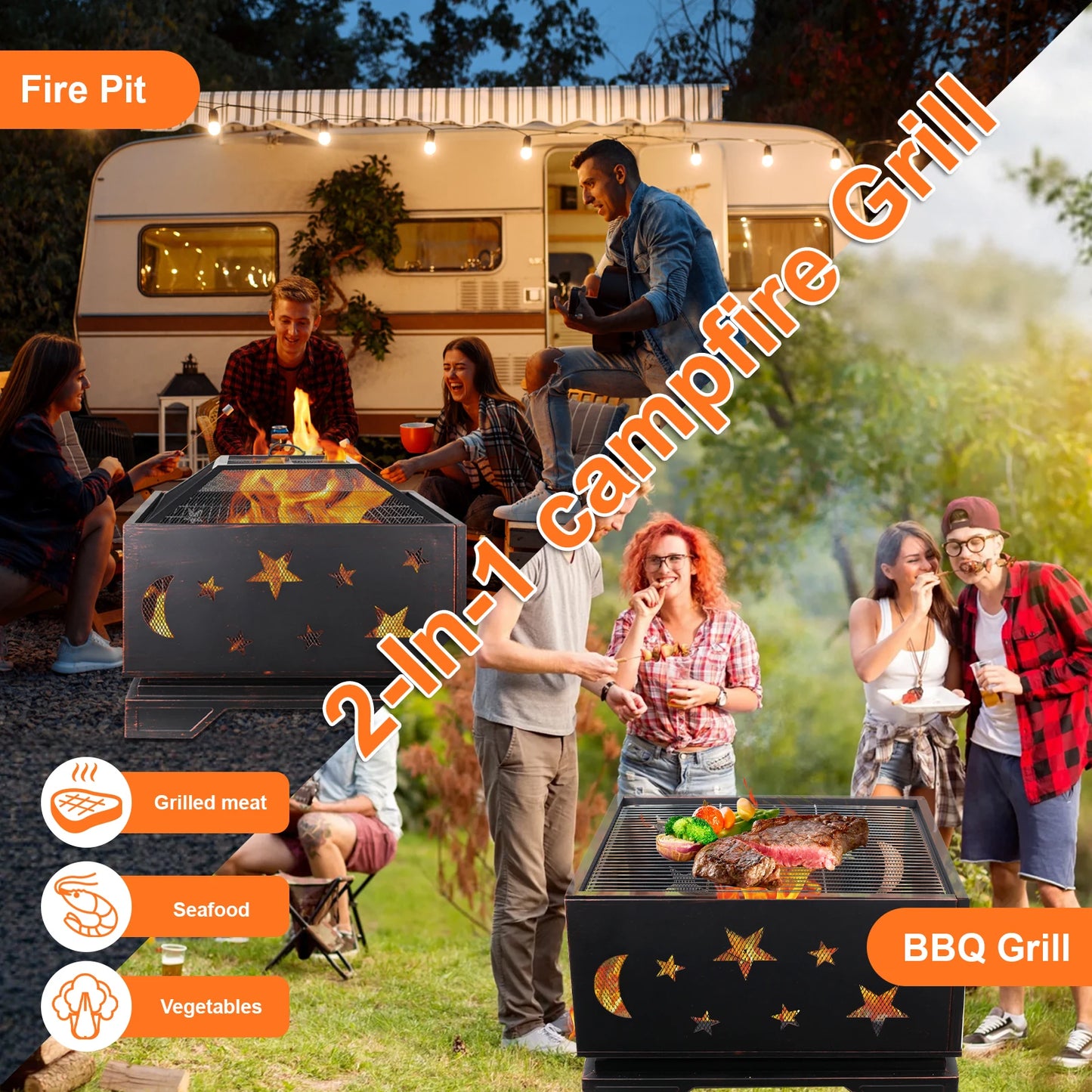 26 Inch Square Wood Burning Fire Pit with Cooking Grill for Outdoor BBQs