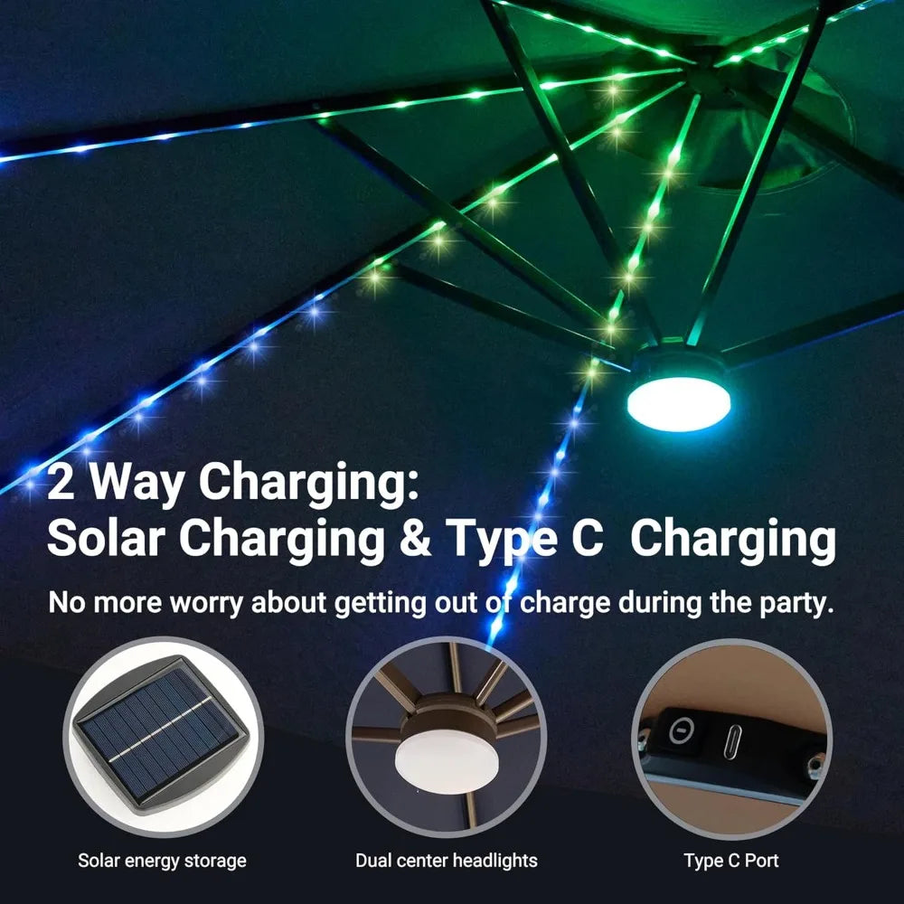 Outdoor Patio Umbrella With Solar Light,15 Ft Sunshade W Base 156 Colorful LED