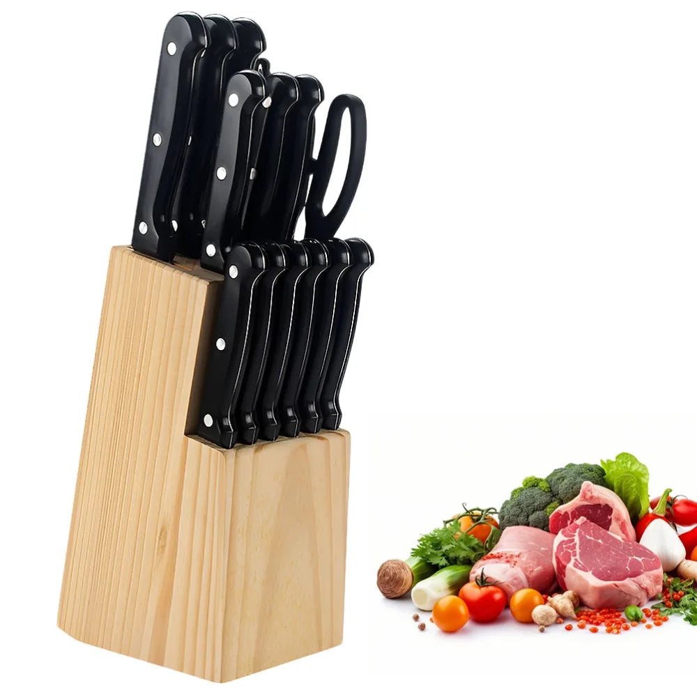 Full 15pcs Chef Knife Set Stainless Steel  with Scissors,Sharpening Rod,Solid Wood Holder Cooking Tool