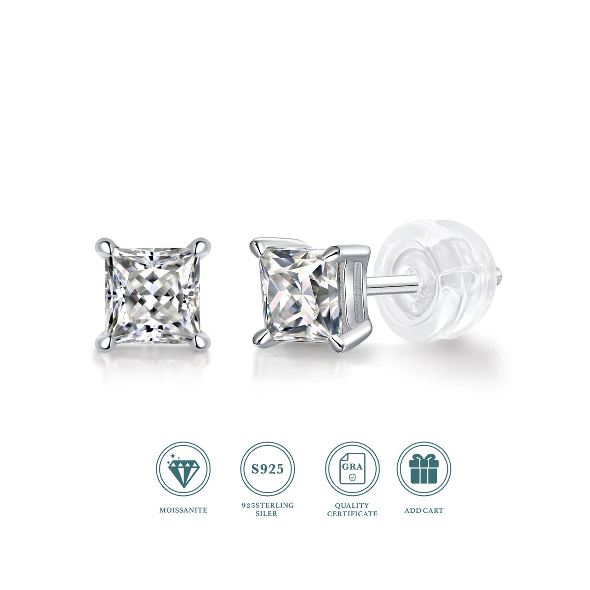 2pcs/pair S925 Moissanite Square Lab Created Stud Earrings, , Christmas Gifts