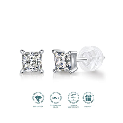 2pcs/pair S925 Moissanite Square Lab Created Stud Earrings, , Christmas Gifts