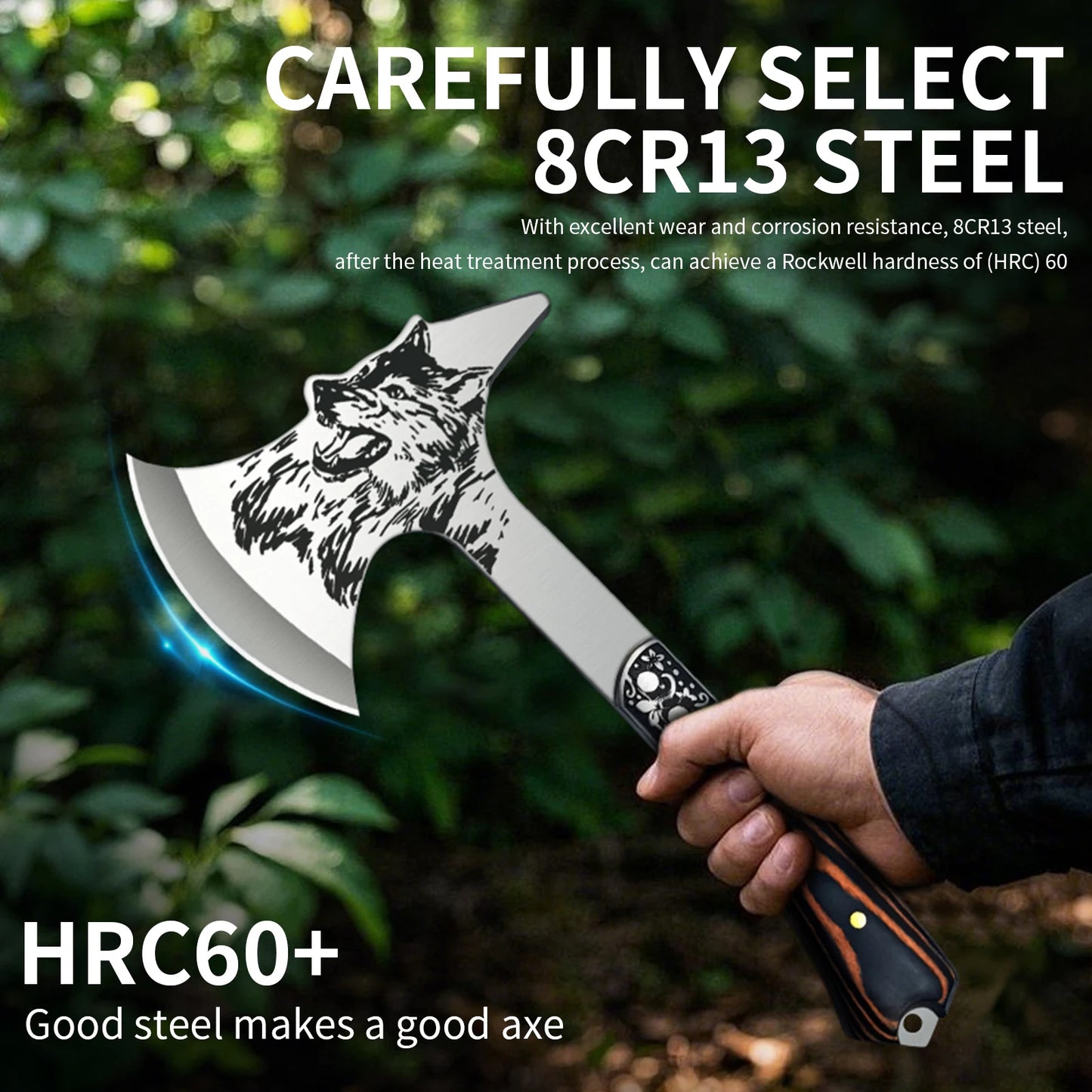 Stainless Steel Survival Axe Multi-function Outdoor Camping Tactical Wolf-head Axe Hunting Tools Portable