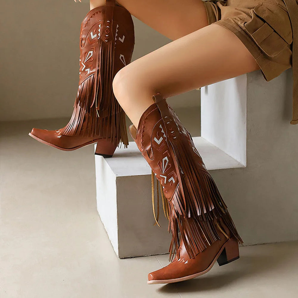 Retro Tassel Embroidered Cowgirl Mid-Calf Women Western Boots Pointed Toe Chunky High Heel